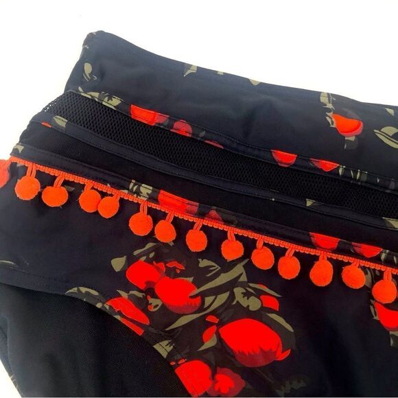 Cocoship Black Red Floral PomPom Trim High Waisted String Bikini - Picture 6 of 15